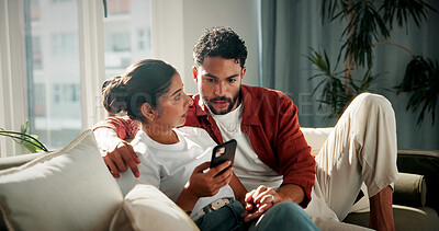 Buy stock photo Phone, shock and couple on sofa  with news for social media, online message and notification on weekend. Marriage, reading and man with woman on smartphone for email, website and connection in home