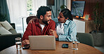 Happy, couple and people with laptop in house, bonding or planning for trip with discount on website. Home, man and woman with smile for sale ecommerce and booking flight ticket tech for holiday