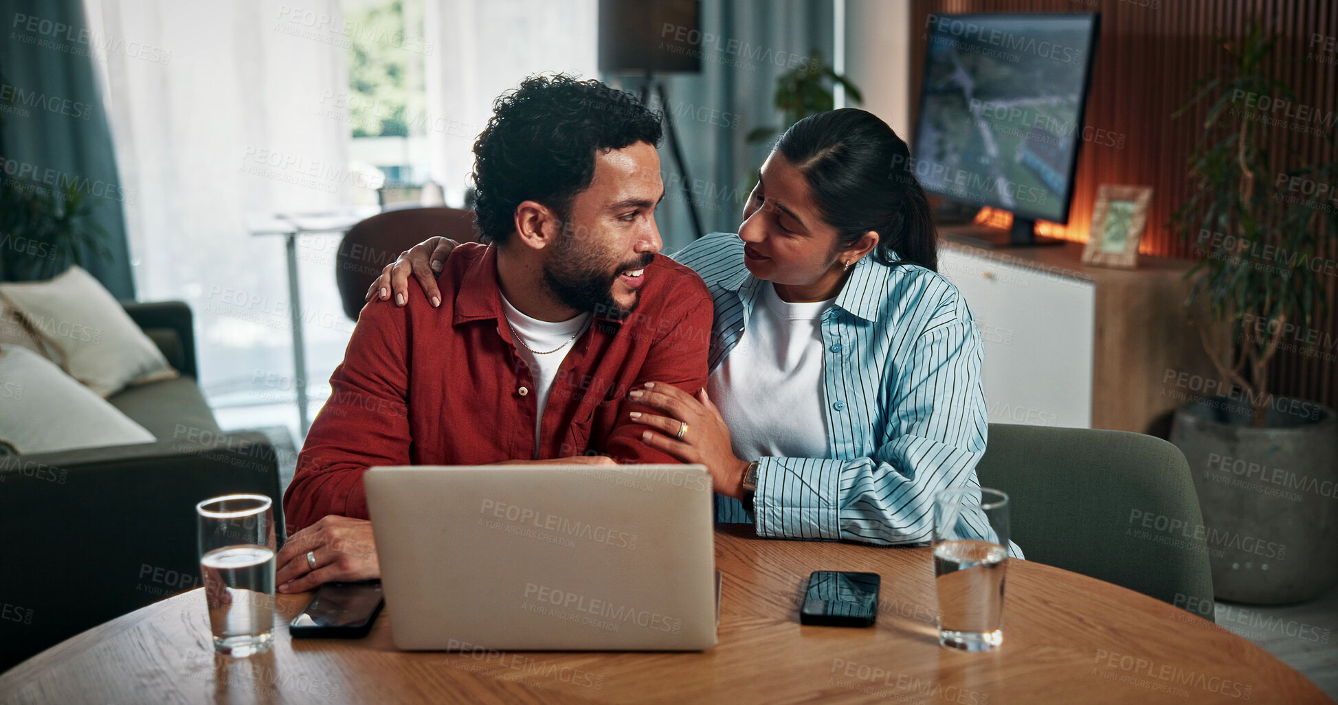 Buy stock photo Happy, couple and people with laptop in house, bonding or planning for trip with discount on website. Home, man and woman with smile for sale ecommerce and booking flight ticket tech for holiday