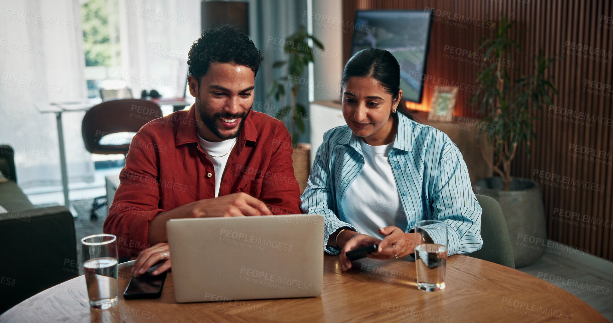 Buy stock photo Happy, couple and research with laptop in house, bonding and planning for trip with discount on web. Online, man and woman with tech for ticket purchase, ecommerce and searching for holiday sale