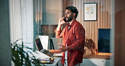 Buy stock photo Thinking, man and remote work with phone call at house for planning, contact editor and feedback. Male freelancer, mobile and discussion to question source, facts check and chat for story publication