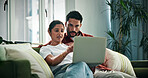 Happy, couple and research with laptop on couch, discussion or planning for trip with discount offer. Online, man and woman with tech for ticket purchase, booking and people with flight info in home