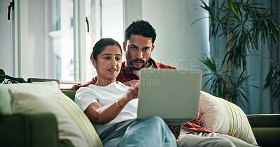 Buy stock photo Happy, couple and research with laptop on couch, discussion or planning for trip with discount offer. Online, man and woman with tech for ticket purchase, booking and people with flight info in home
