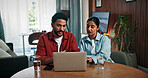 Couple, reading and research with laptop in home, ecommerce or planning for trip with discount offer. Online, man and woman with tech for ticket purchase, booking and people with flight info on web