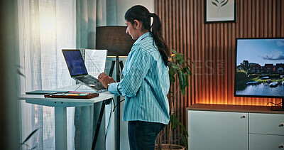 Buy stock photo Remote work, review or woman in house with laptop, draft edit or source feedback for article update. WFH, proofreading or journalist in home with tech, fact check or industry research for publication