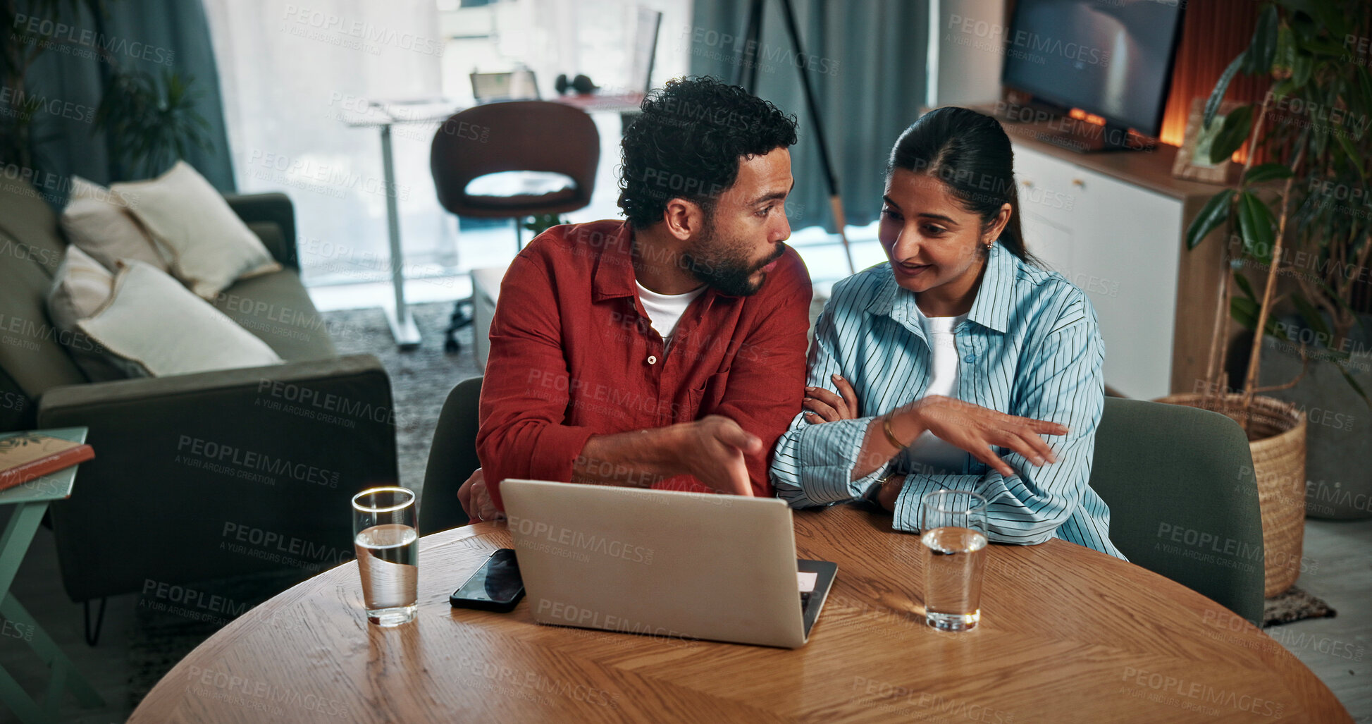 Buy stock photo Laptop, conversation and couple in home with online banking for property investment, bills or mortgage. Technology, discussion and man with woman on computer for loan application together in house.