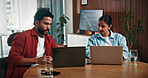 Couple, laptop and checklist with online expenses for budget planning or audit together in home. Man, woman or checking bills with computer for financial analysis, investment or report in house