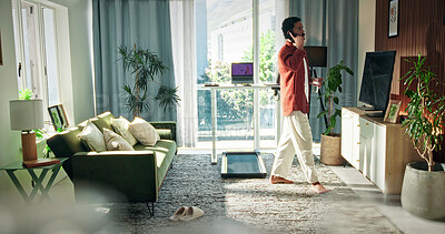 Buy stock photo Phone call, walking and talk with man in home for communication, contact and chat. Conversation, network connection and social with person and mobile in living room of apartment for speaking and tech