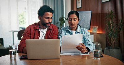 Buy stock photo Couple, laptop and discussion with documents for finance, investment or audit together in home. Man, woman or invoice with computer or paperwork for financial planning, budget or expenses in house