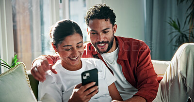 Buy stock photo Phone, happy and couple on sofa for social media, online networking and bonding on weekend. Marriage, relax and man with woman on smartphone for internet, browse website and connection in home