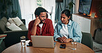 Laptop, confused and couple in home with online banking for property investment, bills or mortgage. Technology, discussion and man with woman on computer for loan application decline in house.