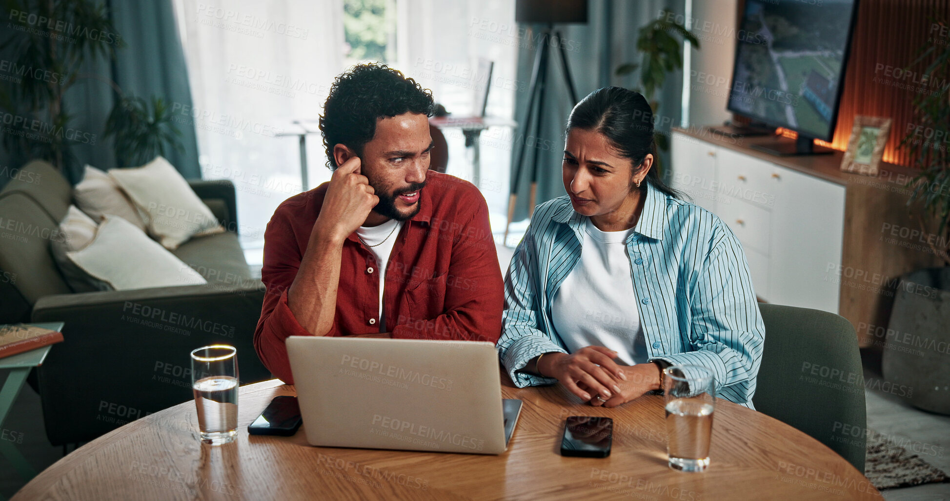 Buy stock photo Laptop, confused and couple in home with online banking for property investment, bills or mortgage. Technology, discussion and man with woman on computer for loan application decline in house.