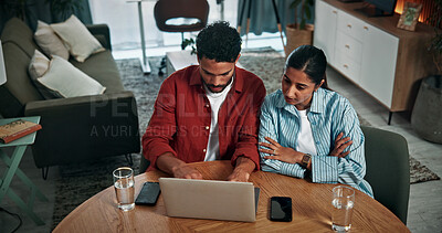 Buy stock photo Laptop, discussion and couple in home with online banking for property investment, bills or mortgage. Technology, conversation and man with woman on computer for loan application together in house.