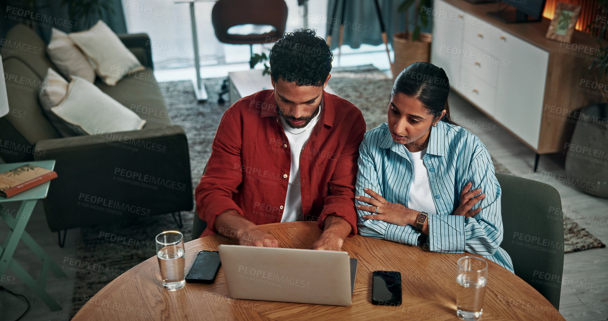 Buy stock photo Laptop, discussion and couple in home with online banking for property investment, bills or mortgage. Technology, conversation and man with woman on computer for loan application together in house.