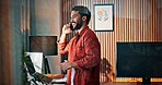 Smile, man and remote work with phone call at house for planning, contact editor and feedback. Male freelancer, mobile and discussion to question source, facts check and chat for story publication