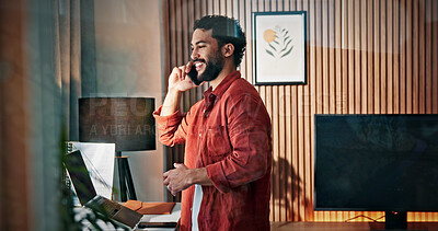 Buy stock photo Smile, man and remote work with phone call at house for planning, contact editor and feedback. Male freelancer, mobile and discussion to question source, facts check and chat for story publication