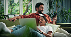 Happy couple, relax and phone with laptop on sofa for research, social media or network in home. Man, woman or lying with smile on computer or mobile smartphone for connection or internet service