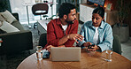 Laptop, cellphone and couple in home with online banking for property investment, bills or mortgage. Technology, discussion and man with woman on computer for loan application together in house.