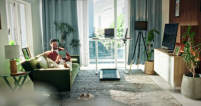Buy stock photo Relax, tablet and smile with man on sofa in home for streaming service, series app and calm. Movie subscription website, online film review and weekend break with person in living room of apartment