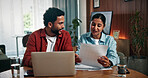 Happy couple, laptop or discussion with documents for finance, investment or audit together in home. Man, woman or invoice with computer or paperwork for financial planning, budget or bills in house