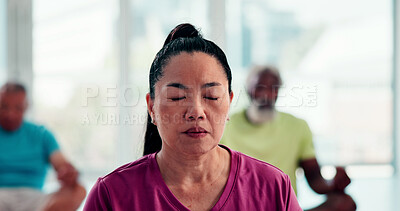 Buy stock photo Calm, woman and meditation with class for spiritual wellness, healing or inner peace in studio. Mature person, relax or instructor with breathing exercise for mindfulness, stress relief or balance