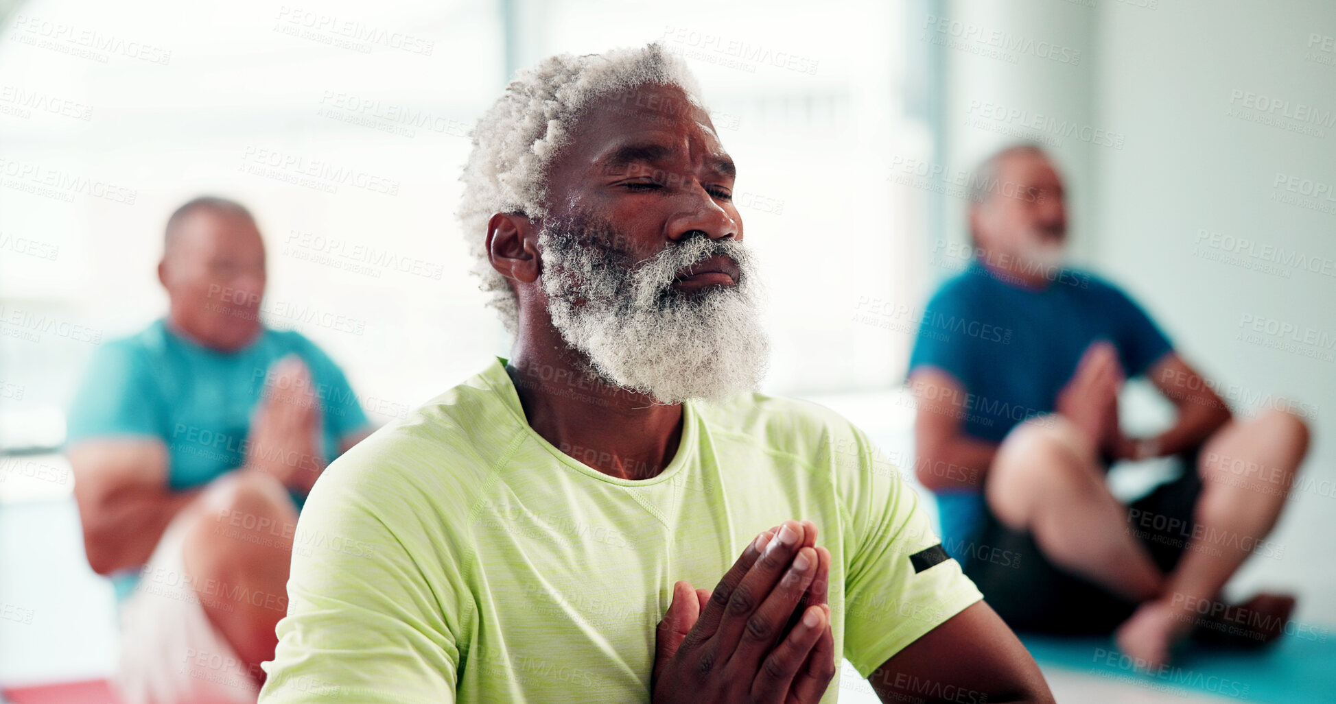 Buy stock photo Prayer hands, meditation and senior man in studio with breathing exercise for wellness, calm or zen. Relax, lotus pose and elderly male person at yoga class for health, mindfulness or balance.