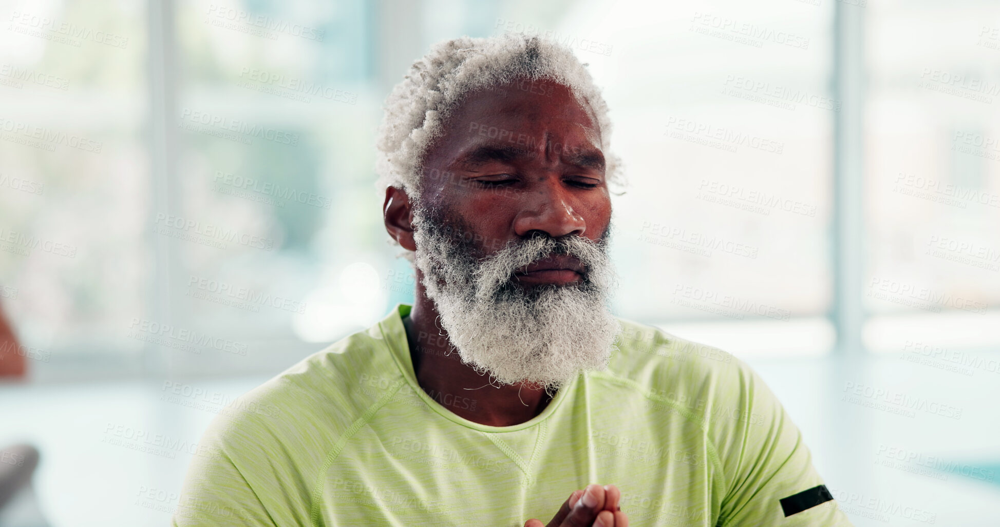 Buy stock photo Man, namaste and meditation at gym in retirement for breathing exercise, eyes closed and zen. Senior person, yoga and prayer hands for mindfulness, mudra and holistic fitness at wellness class