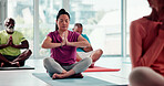 Prayer hands, meditation and senior people in studio with breathing exercise for wellness, calm or zen. Relax, lotus pose and group of elderly friends at yoga class for health, mindfulness or healing