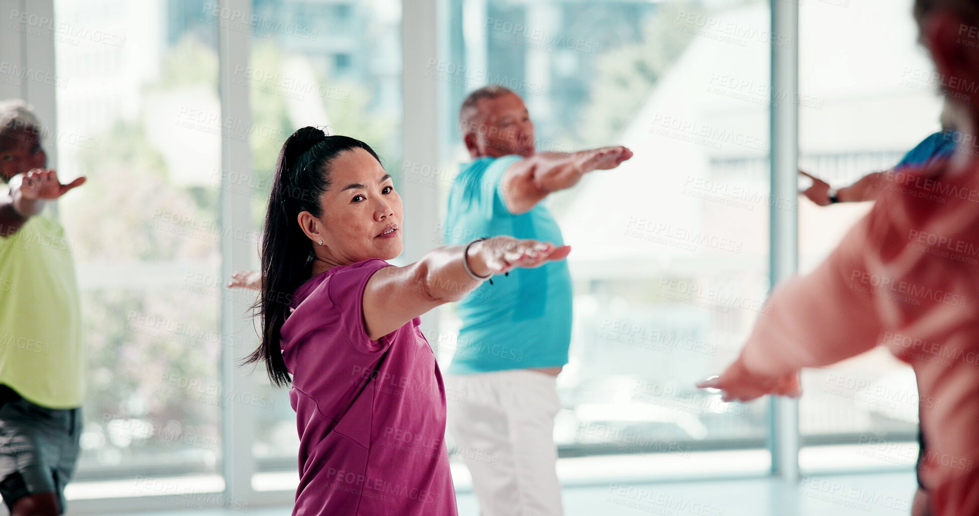 Buy stock photo Warrior pose, yoga and senior people in studio for fitness, wellness or exercise for balance. Health, yogi and group of elderly friends in retirement with stretching at class for calm, relax or zen.