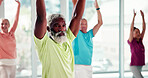 Senior, people and stretching with class in studio for fitness, workout or exercise together. Elderly, group or warm up with team in gym for physical activity, rehabilitation or recovery training