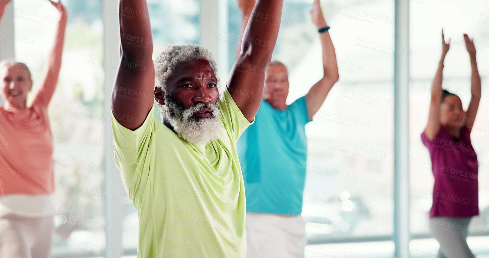 Buy stock photo Senior, people and stretching with class in studio for fitness, workout or exercise together. Elderly, group or warm up with team in gym for physical activity, rehabilitation or recovery training