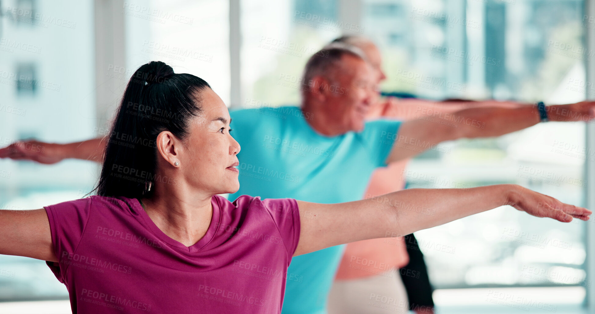 Buy stock photo Warrior pose, yoga and senior friends in studio for fitness, wellness or exercise for balance. Health, yogi and group of elderly people in retirement with stretching at class for calm, relax or zen.