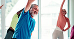 Senior, happy people or stretching with class in studio for fitness, workout or exercise together. Elderly, group or warm up with smile in gym for physical activity, rehabilitation or muscle recovery