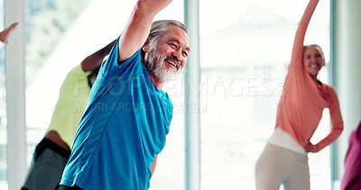 Buy stock photo Senior, happy people or stretching with class in studio for fitness, workout or exercise together. Elderly, group or warm up with smile in gym for physical activity, rehabilitation or muscle recovery