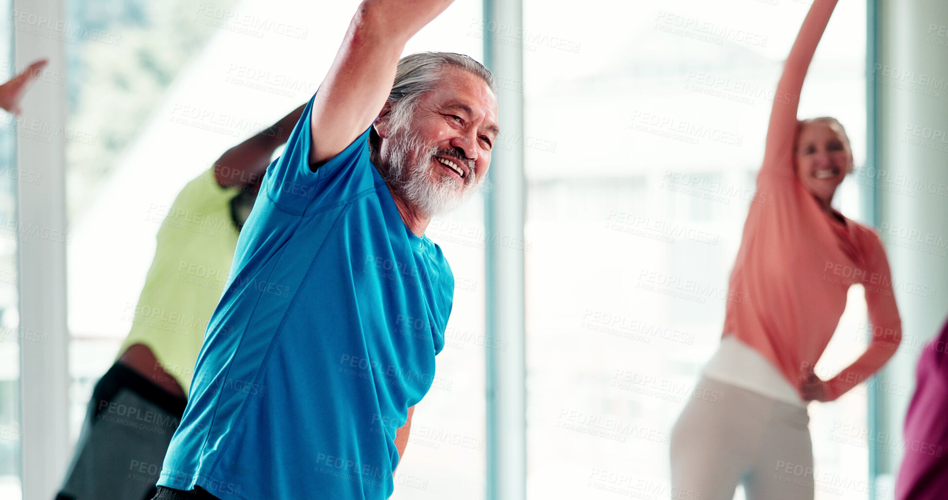 Buy stock photo Senior, happy people or stretching with class in studio for fitness, workout or exercise together. Elderly, group or warm up with smile in gym for physical activity, rehabilitation or muscle recovery