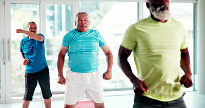 Buy stock photo Elderly, people and stretching with class in studio for fitness, workout or exercise together. Senior, group or warm up with team in gym for physical activity, rehabilitation or retirement training