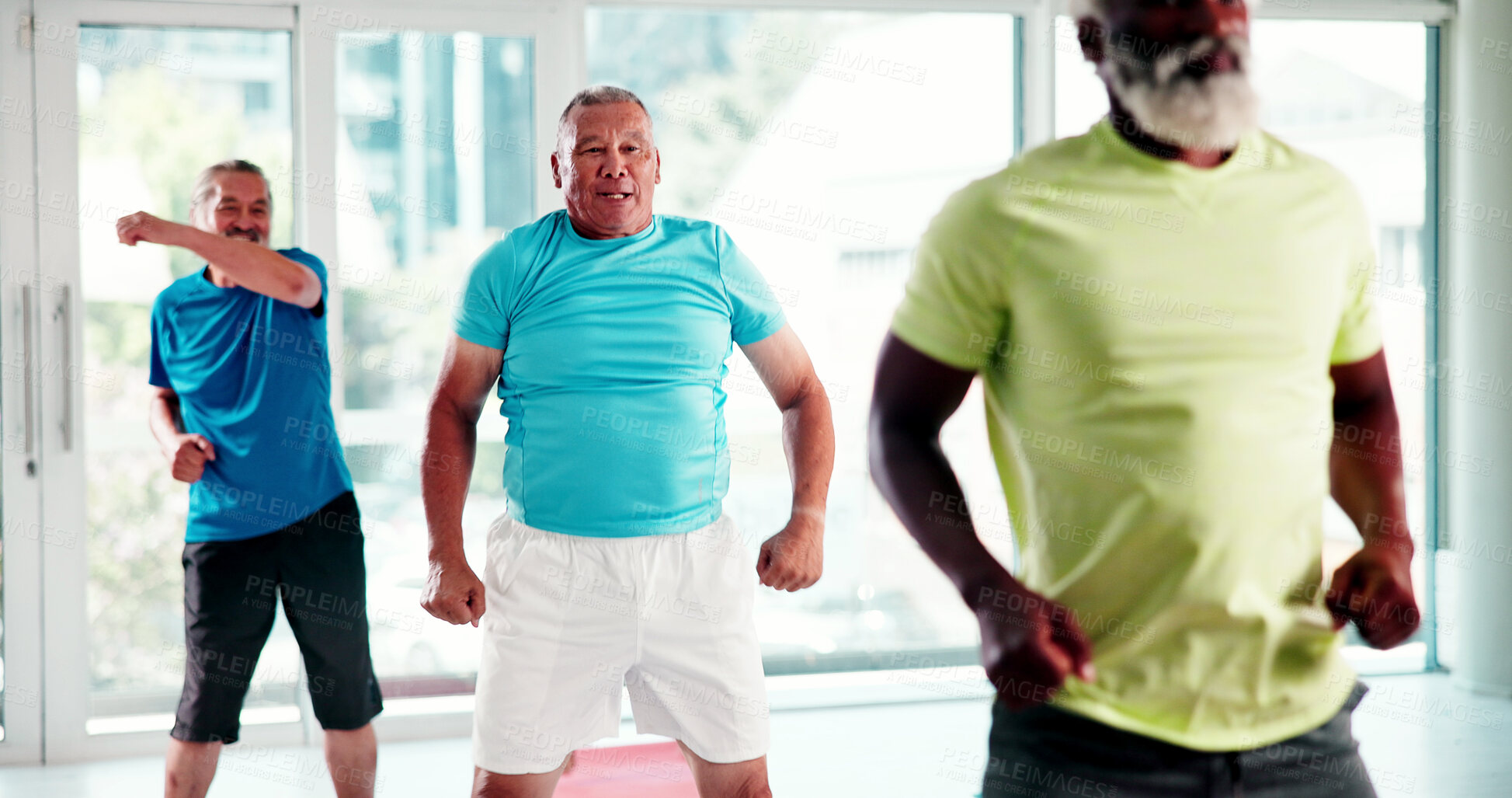 Buy stock photo Elderly, people and stretching with class in studio for fitness, workout or exercise together. Senior, group or warm up with team in gym for physical activity, rehabilitation or retirement training
