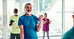 Elderly, man and weightlifting with dumbbell in class for fitness, workout or exercise together. Senior, group or team lifting with weight for physical activity, rehabilitation or arm training in gym