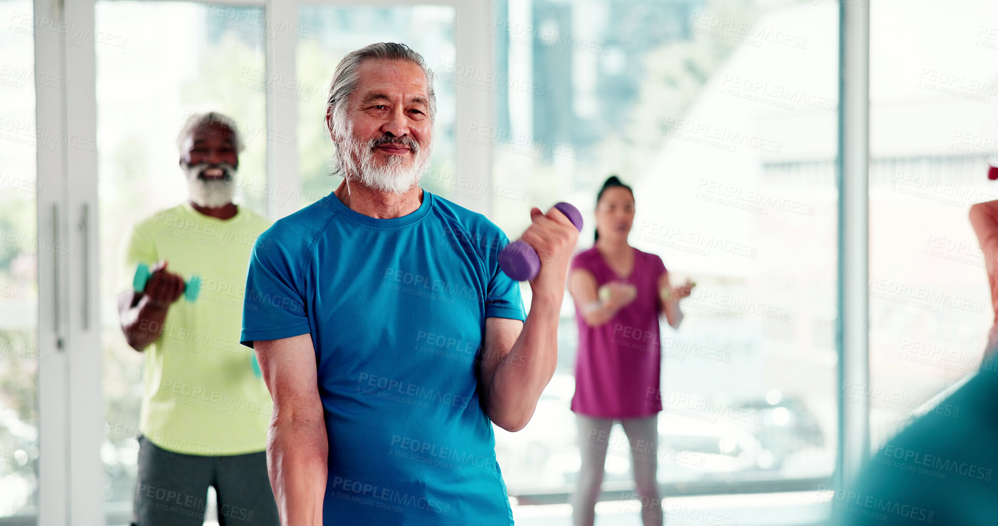 Buy stock photo Elderly, man and weightlifting with dumbbell in class for fitness, workout or exercise together. Senior, group or team lifting with weight for physical activity, retirement or arm training in gym