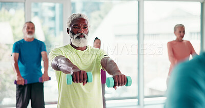 Buy stock photo Pilates, weights and senior people in studio for fitness, wellness or exercise for balance. Challenge, active and group of elderly friends in retirement with stretching at class for calm or relax.