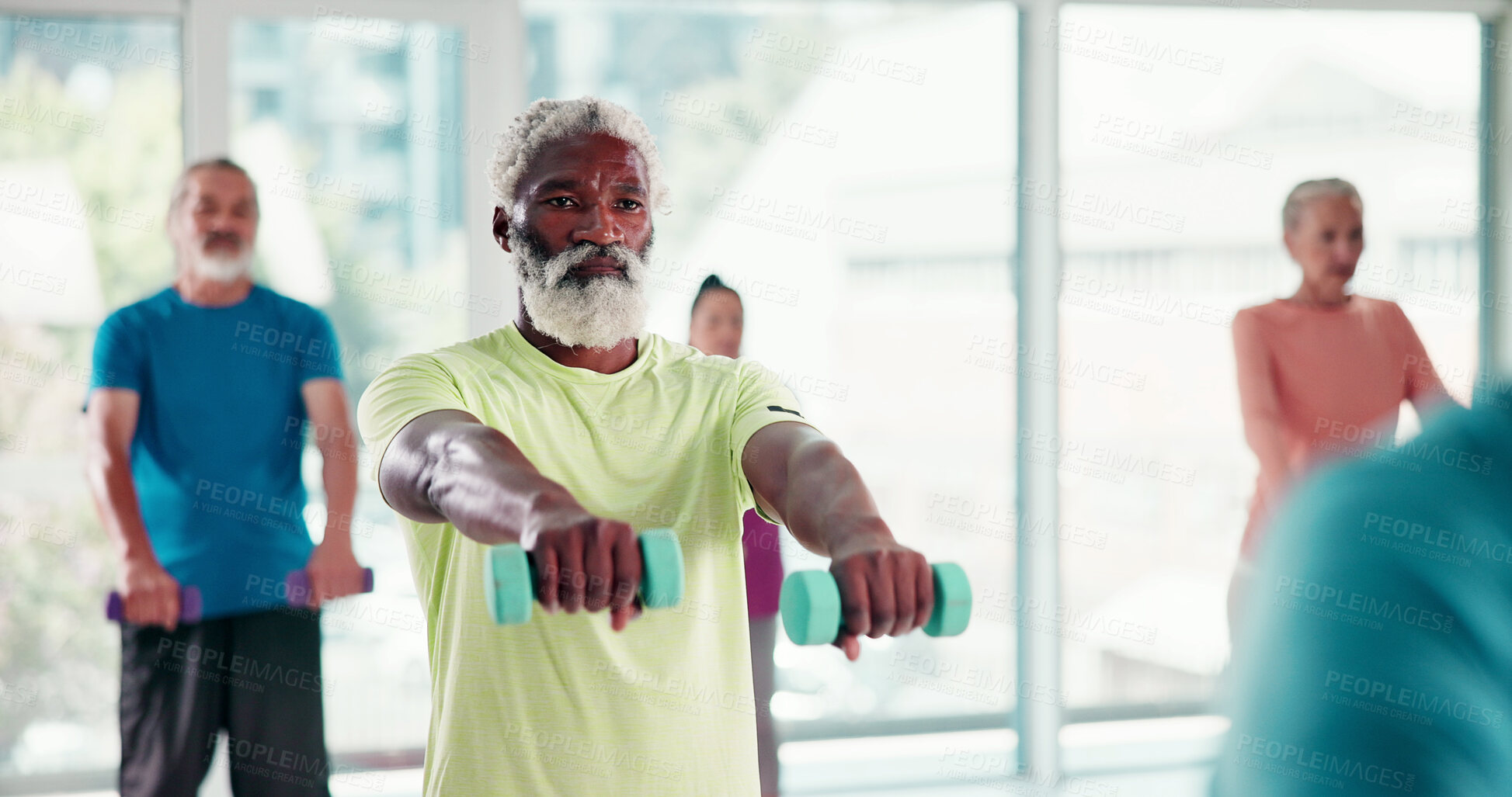 Buy stock photo Pilates, weights and senior people in studio for fitness, wellness or exercise for balance. Challenge, active and group of elderly friends in retirement with stretching at class for calm or relax.