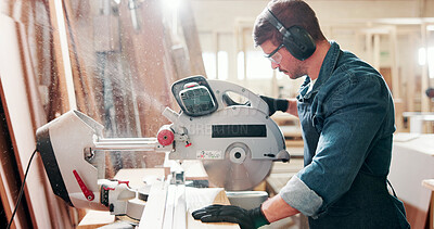 Buy stock photo Man, carpenter and meter saw for wood at factory with manufacturing process at industrial plant. Person, tools and technician with equipment for cutting, material and safety goggles at warehouse
