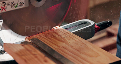 Buy stock photo Carpentry, industry and production with sawing machine in factory for manufacturing process. Cutting, equipment and workshop with bandsaw closeup in woodworking plant for electrical construction