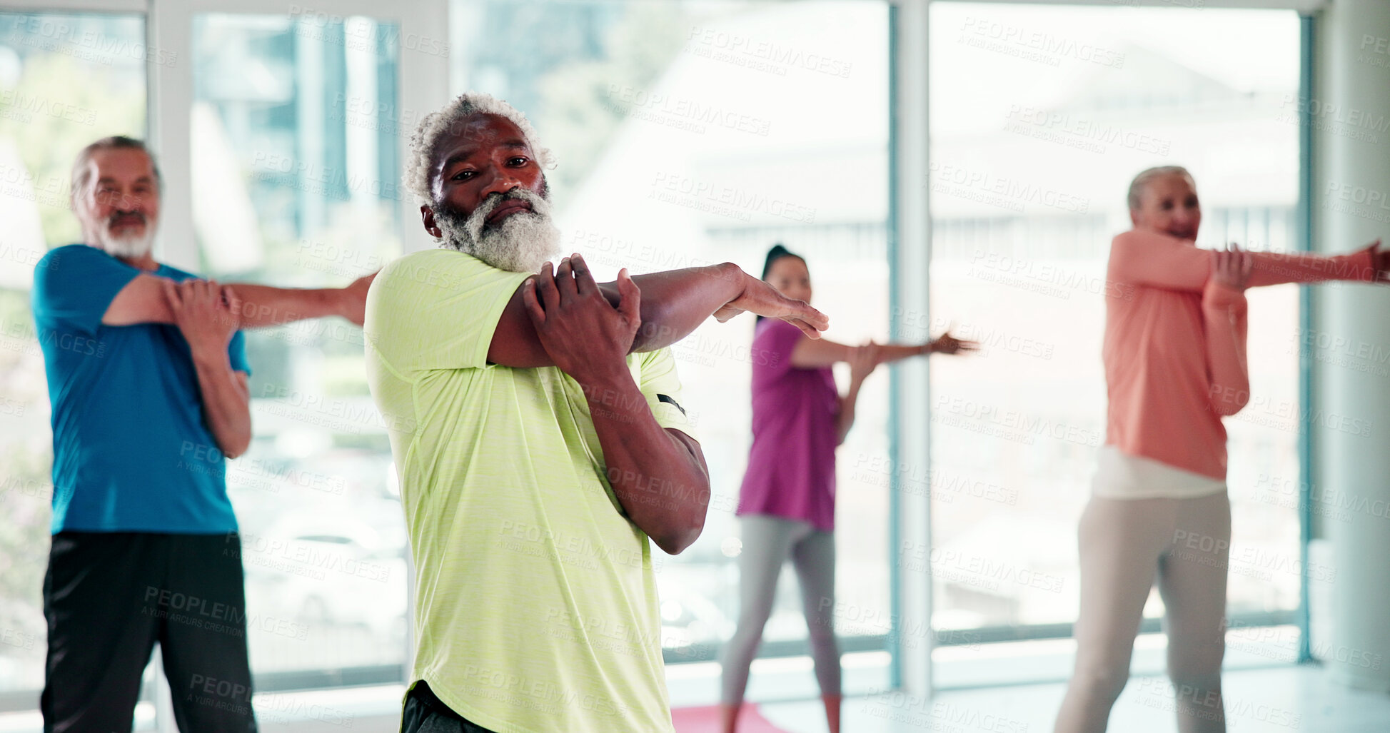 Buy stock photo Senior, man and people in gym class with stretching, exercise preparation and training for wellness. Elderly, person and group in health club with warm up, mobility workout or fitness for retirement.