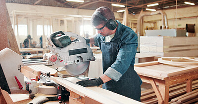 Buy stock photo Man, carpenter and miter saw for wood at warehouse with manufacturing process at industrial plant. Person, tools and technician with equipment for cutting, material and safety goggles at factory