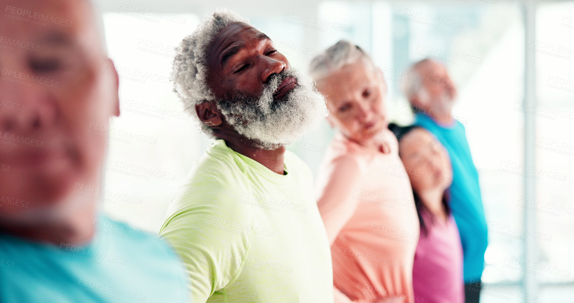 Buy stock photo Senior, man and group in gym class with stretching neck, training and exercise preparation for wellness. Elderly, people and warm up in health club with mobility, workout and fitness for retirement.