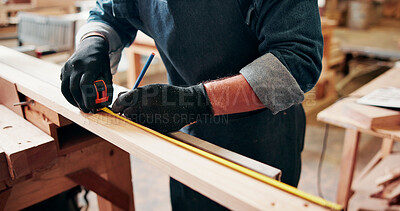 Buy stock photo Measuring tape, carpenter and man in workshop for project, planning and manufacture furniture. Industry, craft and male woodworker with equipment on timber material for small business in factory.