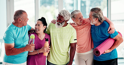 Buy stock photo Senior, people and laugh in yoga class in studio for fitness community, club membership and health. Funny group, elderly yogi friends and happy hug for exercise joke, retirement wellness and support