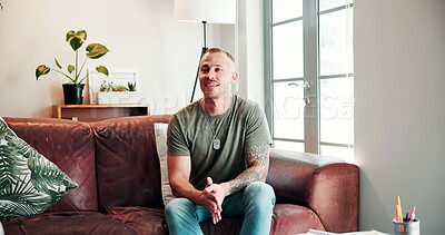 Buy stock photo Speaking, veteran or man in office for therapy, trauma counseling or guidance for society integration. Talking, mental health or soldier with psychology for anxiety healing, wellness or coping skills