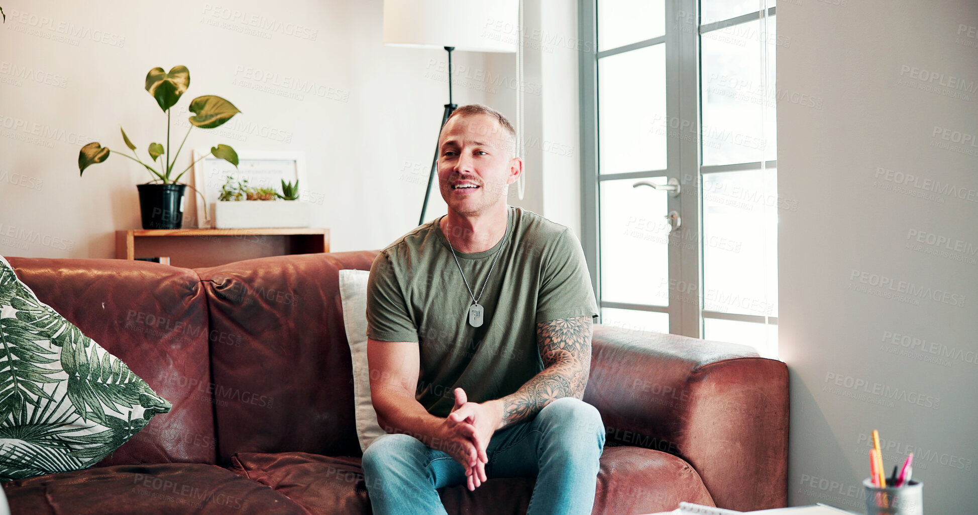 Buy stock photo Speaking, veteran or man in office for therapy, trauma counseling or guidance for society integration. Talking, mental health or soldier with psychology for anxiety healing, wellness or coping skills